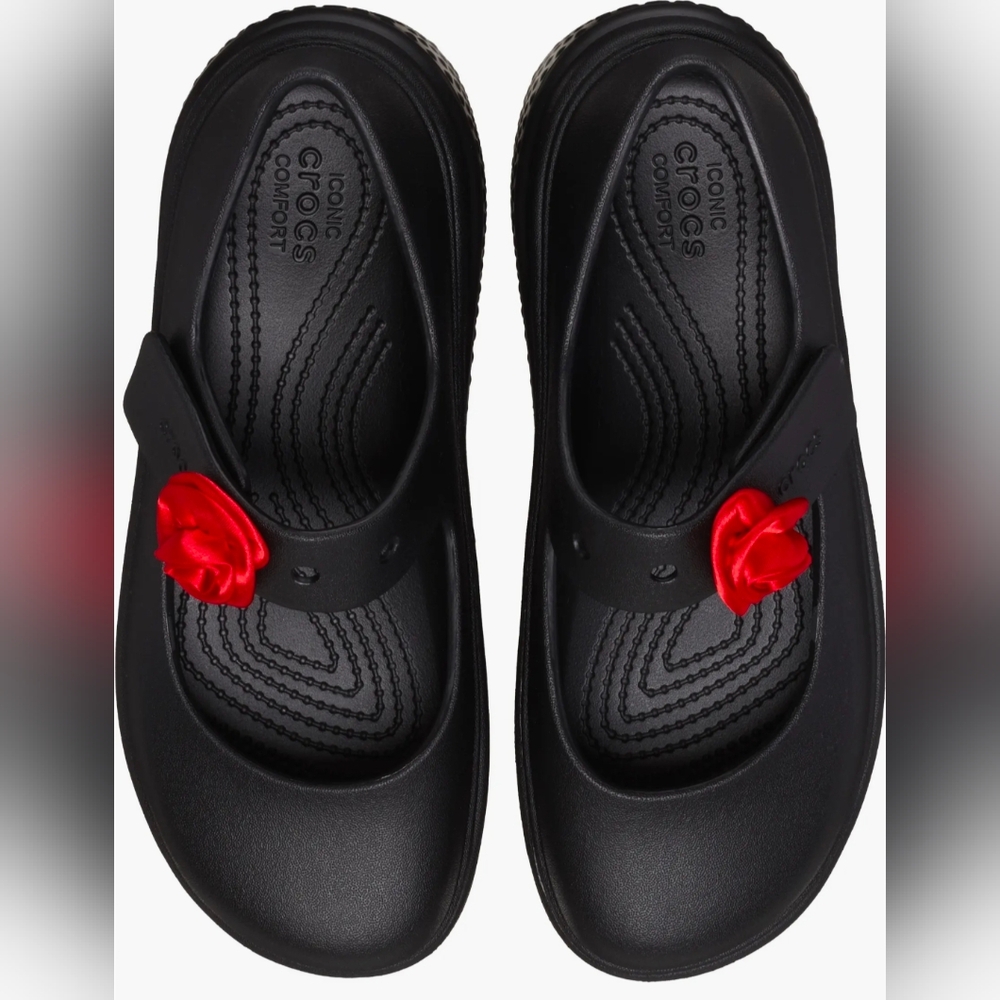 CROCS Black Mules with Red Floral Detail